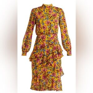 Saloni yellow red multi silk floral ruffle dress.